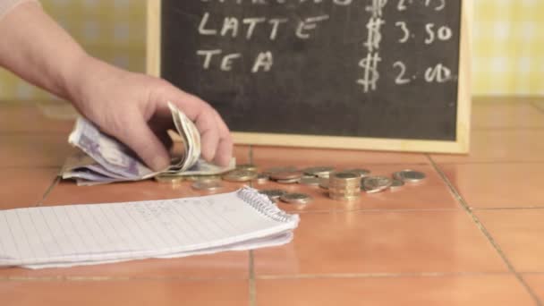 Cafe Owner Counting Cash Drinking Coffee Close Business — Video Stock