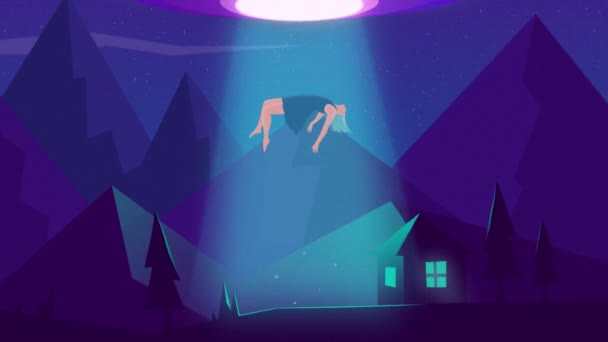 Loop Animation Blå Håret Pige Kjole Bortført Ufo Hus Klipper – Stock-video