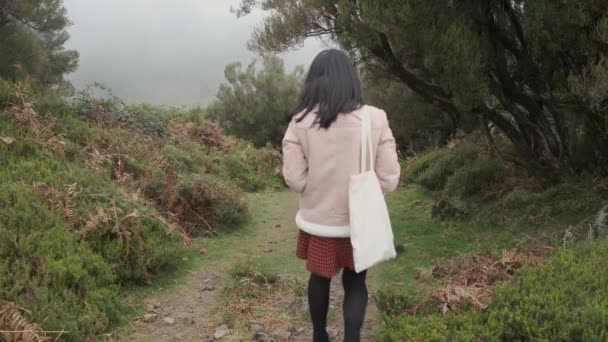 Shot Woman Explore Laurel Forest Misty Weather Portugal — Stok video