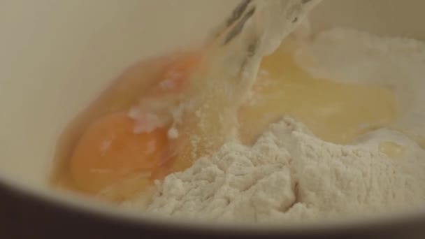 Macro Shot Mixing Egg Yolks Flour Fork — Stock Video