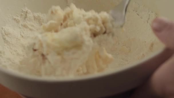 Hand Mixing Ingredients Flour Bowl Close Shot — Stock Video