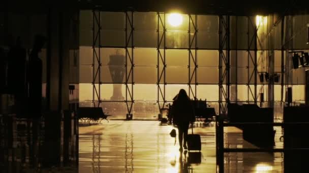 Silueta Una Chica Caminando Con Maleta Aeropuerto Luz Dorada Del — Vídeos de Stock
