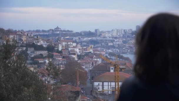 Back View Girl Looking Douro River Coastal City Clerigos Church — Vídeo de Stock