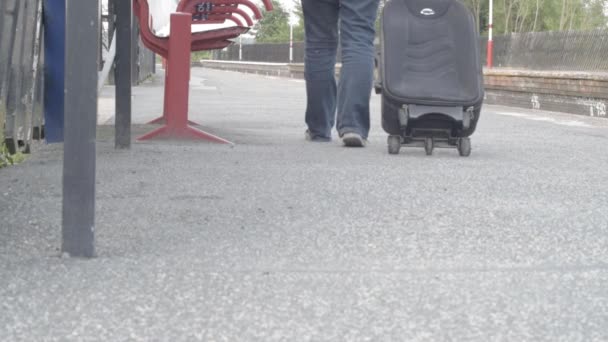 Passenger Wheels Suitcase Train Platform Wide Shot — 图库视频影像