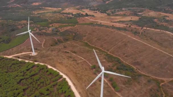 Aerial Dolly Shot Backing Away Wind Farm Barao Sao Joao — Stockvideo