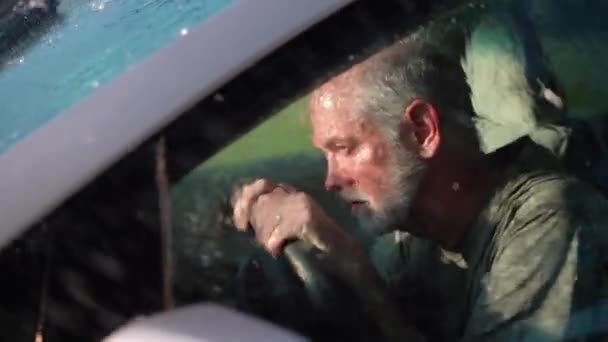 Very Sad Man Sitting Automobile Dealing Depression Rain Hits Windshield — Stock Video