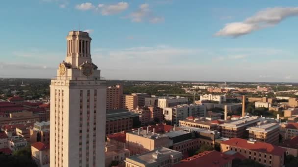 Aerial Drone Shot Tower Campus Slowly Pans Football Stadium — Stock videók