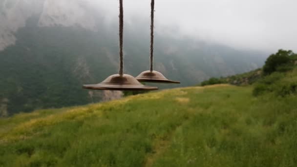 Traditional Indigenous Nomad Golden Ringing Bell Hanging Wooden Terrace Beautiful — Wideo stockowe