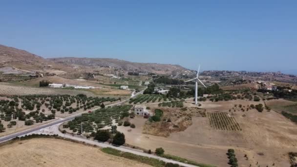 Aerial Traditional Italian Farm Modern Wind Turbine Sustainability — Vídeo de Stock