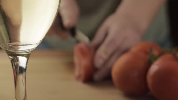 Hands Chopping Fresh Vine Tomatoes Glass White Wine Foreground — Stock videók