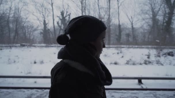 Mujer Parada Afuera Sombrero Invierno Bufanda Mirando Nieve — Vídeo de stock