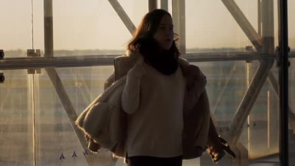 Young Caucasian Woman Happy Smiling Twirling Alone Circle Her Winter — Vídeos de Stock