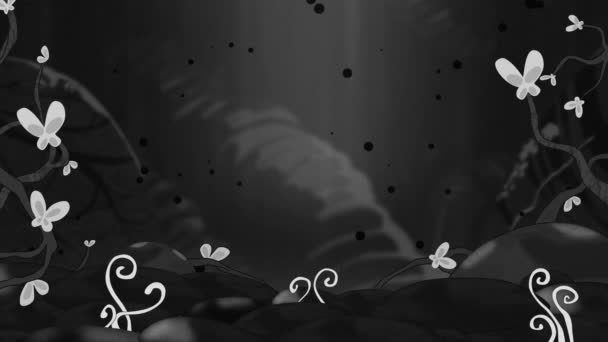 Animated Landscape Black White Floating Particles Plants Butterflies Move Loop — Stockvideo