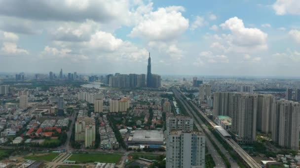 Descending Crane Drone Shot Epic City Skyline Freeway River Landscape — Stockvideo