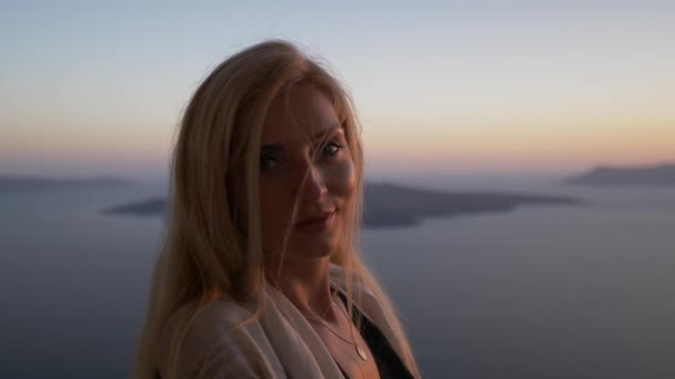 Blond Woman Smiling Watching Sunset Island Santorini Greece — Stock video