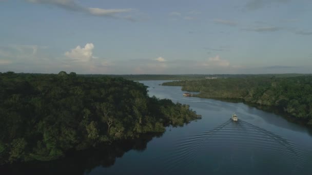 River Amazon Aerial View Boats Ships Early Morning — Vídeo de Stock