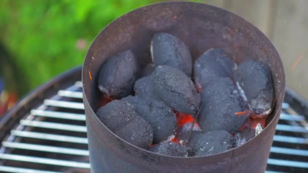 Hot Glowing Coals Laying Top Each Other Metal Container Fire — Wideo stockowe