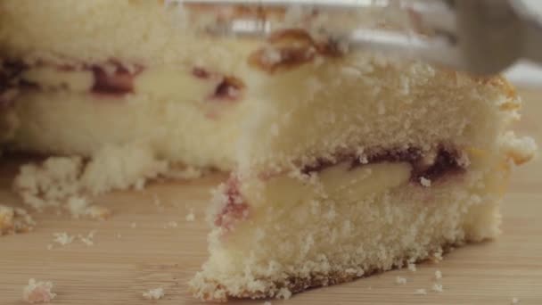Eating Slice Victoria Sponge Cake Fork Macro Shot — Vídeo de Stock