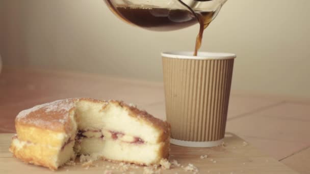 Pouring Fresh Coffee Eating Cake Medium Shot — Vídeo de Stock