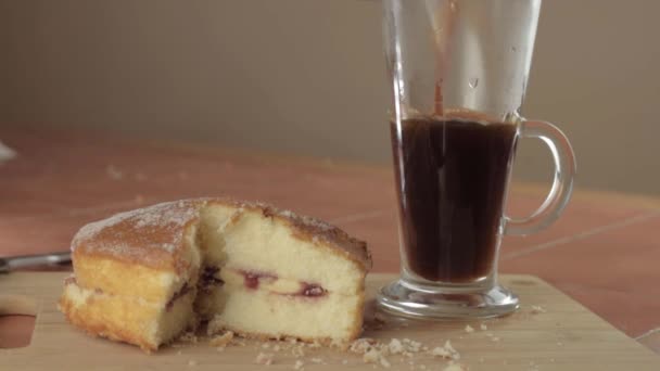 Coffee Slice Victoria Sponge Cake Hot Drink Wide Shot — Αρχείο Βίντεο