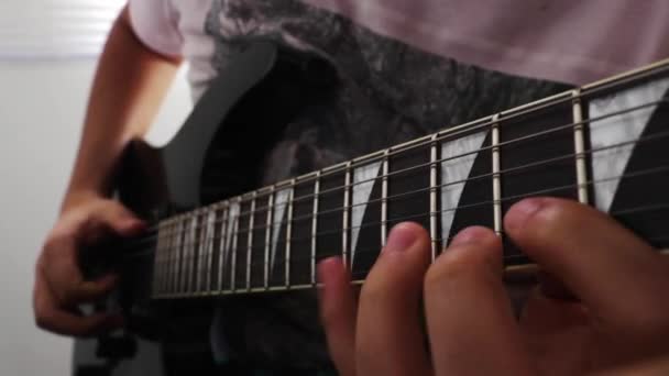 Close Man Playing Guitar Moves Fingers Strings — Vídeo de Stock