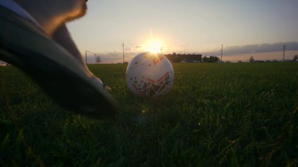 Skilled Athlete Plants His Foot Kicks Soccer Ball Play Setting — Video