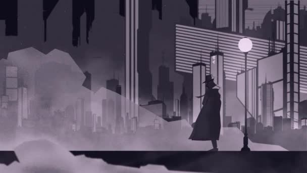 Animation Mysterious Man Futuristic City Neon Lights Fog Futuristic Noir — Stock video