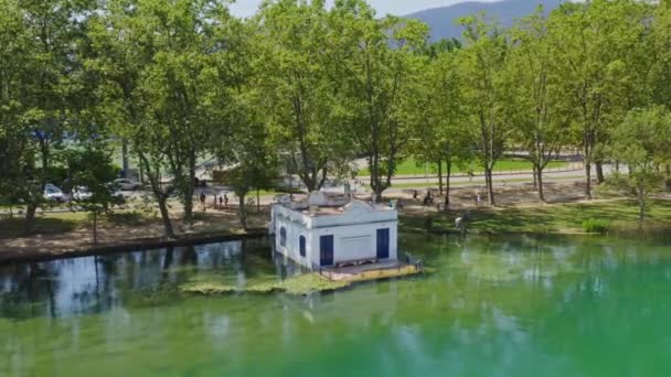 Aerial View Famous Boat House Shores Lake Banyoles Catalonia Spain — Stock videók
