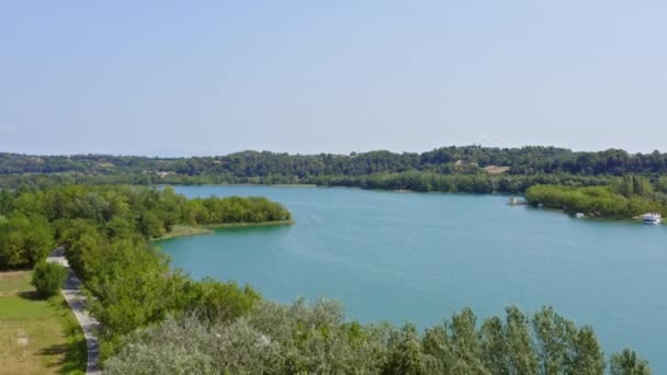 Panoramic Aerial View Stunning Lake Banyoles Catalonia Spain Popular Spanish — Stockvideo
