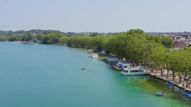 Slow Aerial Flyby Rowboats Pleasure Craft Shores Lake Banyoles Catalonia — Stockvideo