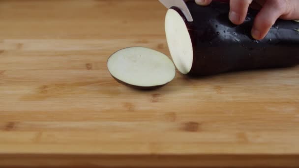 Slicing Piece Seedless Eggplant Stainless Knife Close — Vídeos de Stock