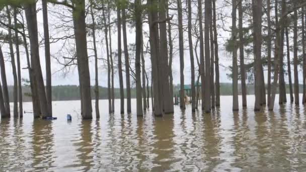 Flooded Playground Trees Parking Lot Lake Allatoona Georgia Slow Motion — Αρχείο Βίντεο