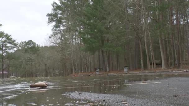 Flooded Parking Lot Lake Water Flowing Slow Motion — Stockvideo