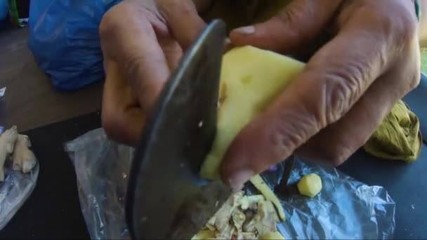 Fresh Ginger Being Cut Traditional Vegetable Cutter Close Low Angle — Vídeo de Stock