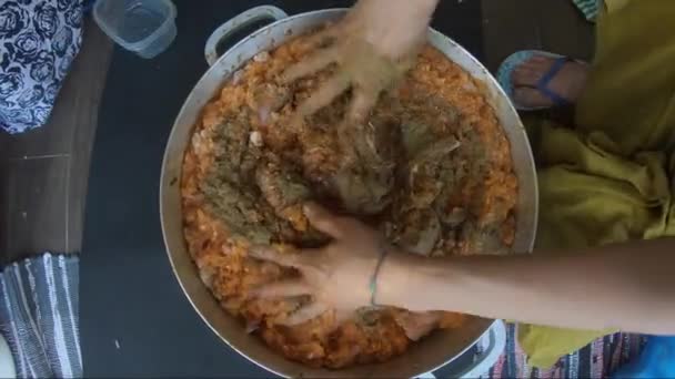 Turmeric Powder Being Added Large Casserole Pan Chicken Pieces Top — 图库视频影像