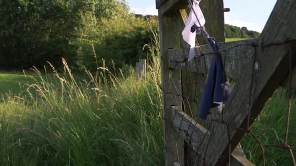 Wooden Gate Farmers Field Wide Landscape Shot — Vídeo de Stock