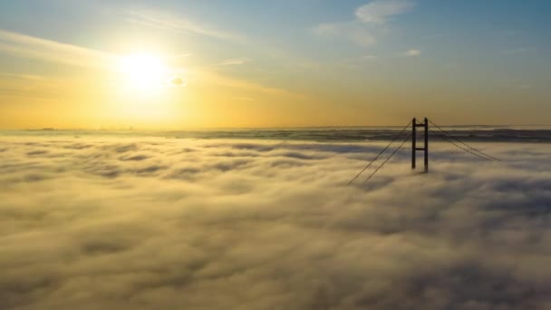 Aerial Reveal Humber Bridge Sun Rising Low Cloud Fog Passing — Stockvideo