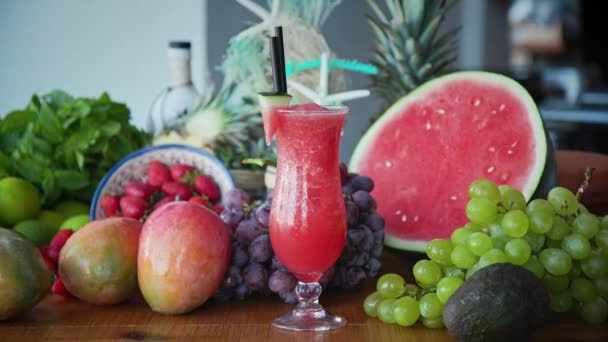 Static Shot Fresh Fruits Vegetables Making Succulent Juicy Smoothies — Stockvideo