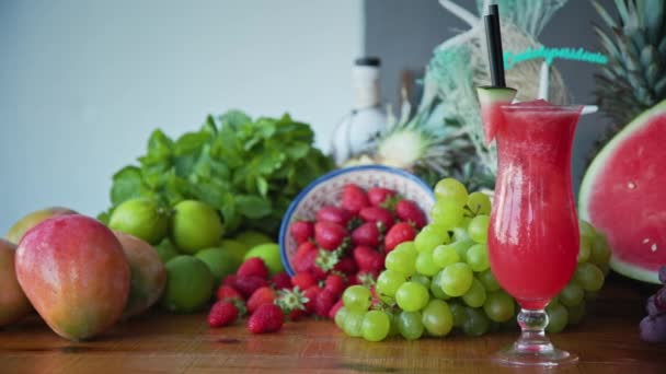 Wide Shot Freshly Made Smoothies Tasty Juicy Fresh Fruits Healthy — стоковое видео