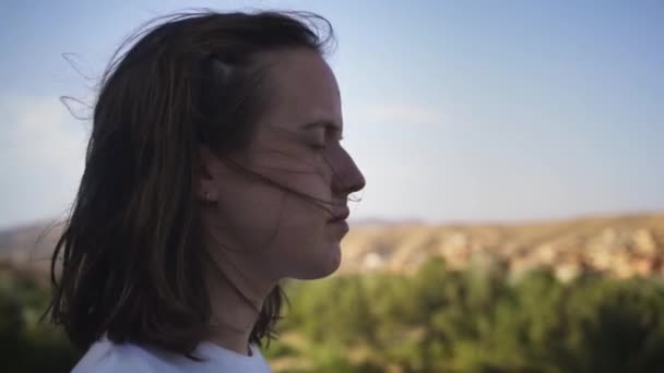 Young Woman Looking Thoughtful She Stands Wind — Video