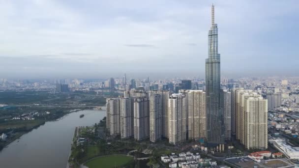 Drone Hyperlapse Central Park Landmark Saigon River City Skyline Early — 비디오