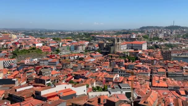 Aerial View Porto Old Town Dos Clerigos Tower Portugal Panning — Stockvideo