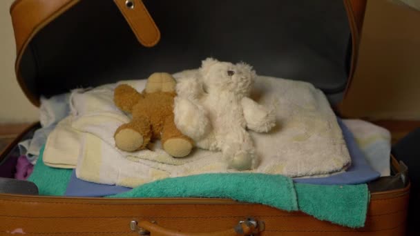 Parent Closing Suitcase Filled Clothes Toys Close Shot — Stock Video