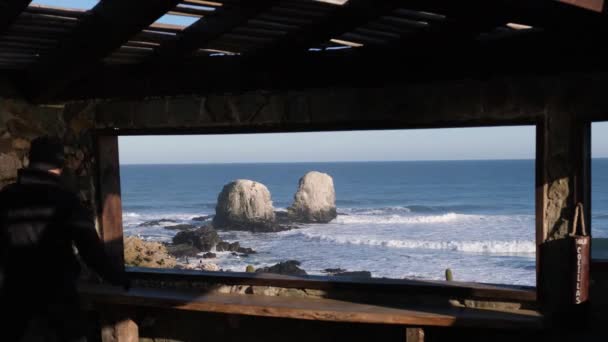 Man Looks Frame Window Punta Lobos Surf Point Chile Face — 비디오