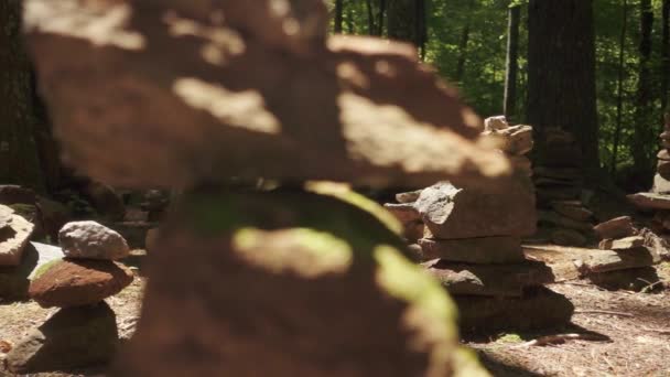 Een Monument Van Gestapelde Stenen Het Bos — Stockvideo