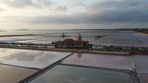 Drone Flying Windmill Salt Pans Marsala Sicily Italy Sunset Aerial — Vídeo de Stock