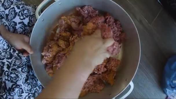 Adult Female Hands Kneading Mince Meat Large Stockpot Top View — Stock Video