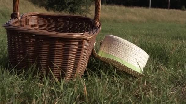 Straw Hat Woven Basket Left Grass Zoom Out Shot — ストック動画