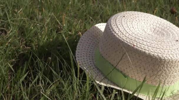 Straw Hat Left Grass Close Shot — Stok video