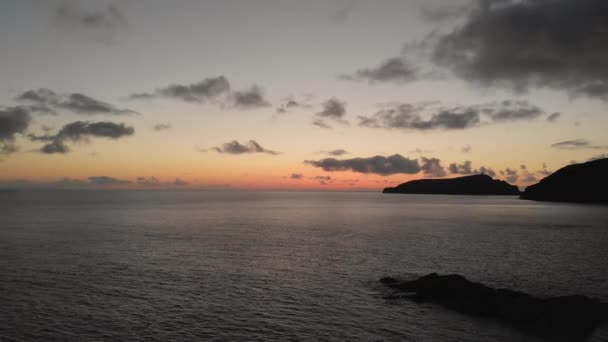 Spectacular Summertime Ocean Colorful Calheta Sunset Scenic Backward Flight Dark — Stock Video